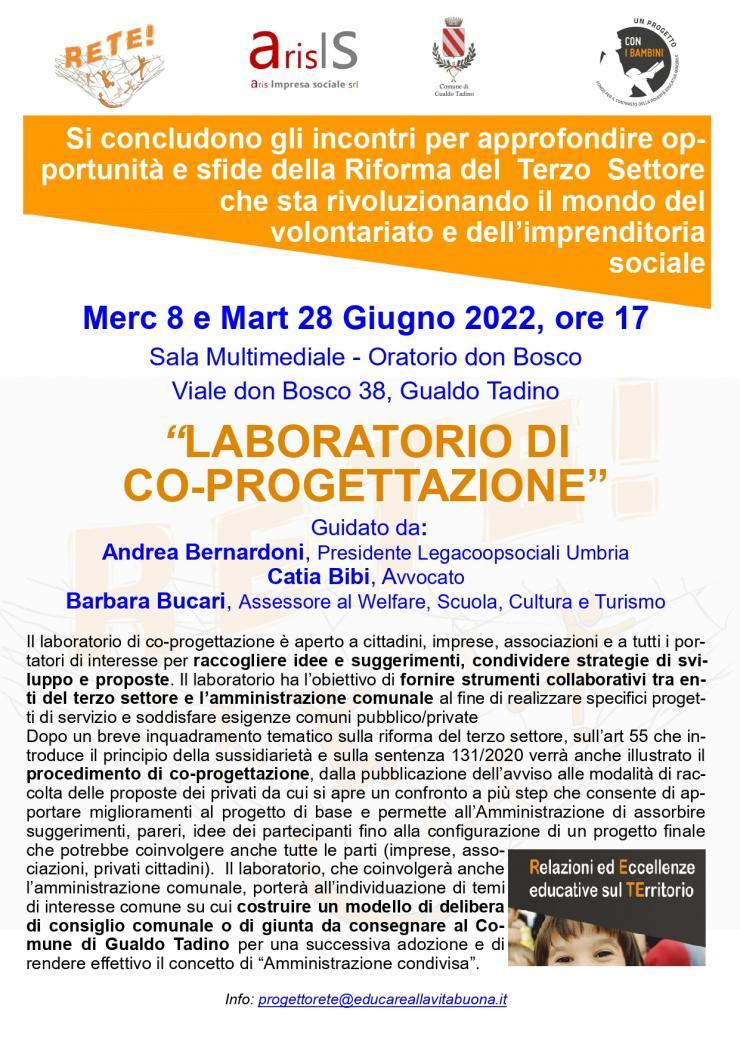 “LABORATORIO DI CO-PROGETTAZIONE” Mercoledì 8 e Martedì 28 Giugno 2022, ore 17